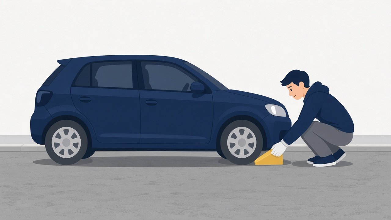 Bilen står på flatt underlag, og en hjulkloss legges ved et hjul
