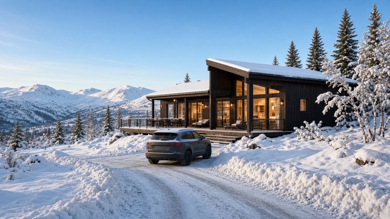 SUV med vinterdekk ved hytte