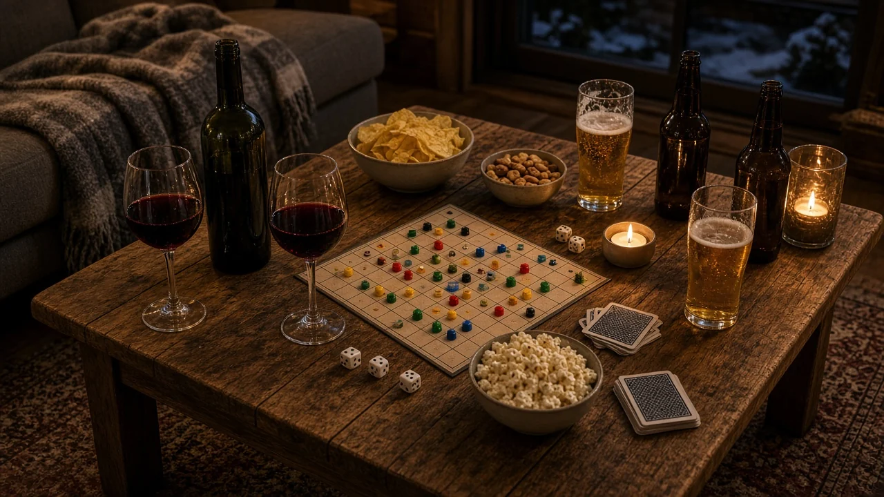 Stuebord på hytta med vin, øl, snacks og brettspill