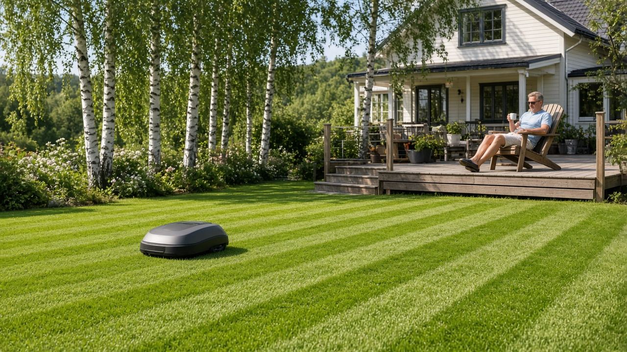 Kabelfri robotklipper klipper striper på villaplen