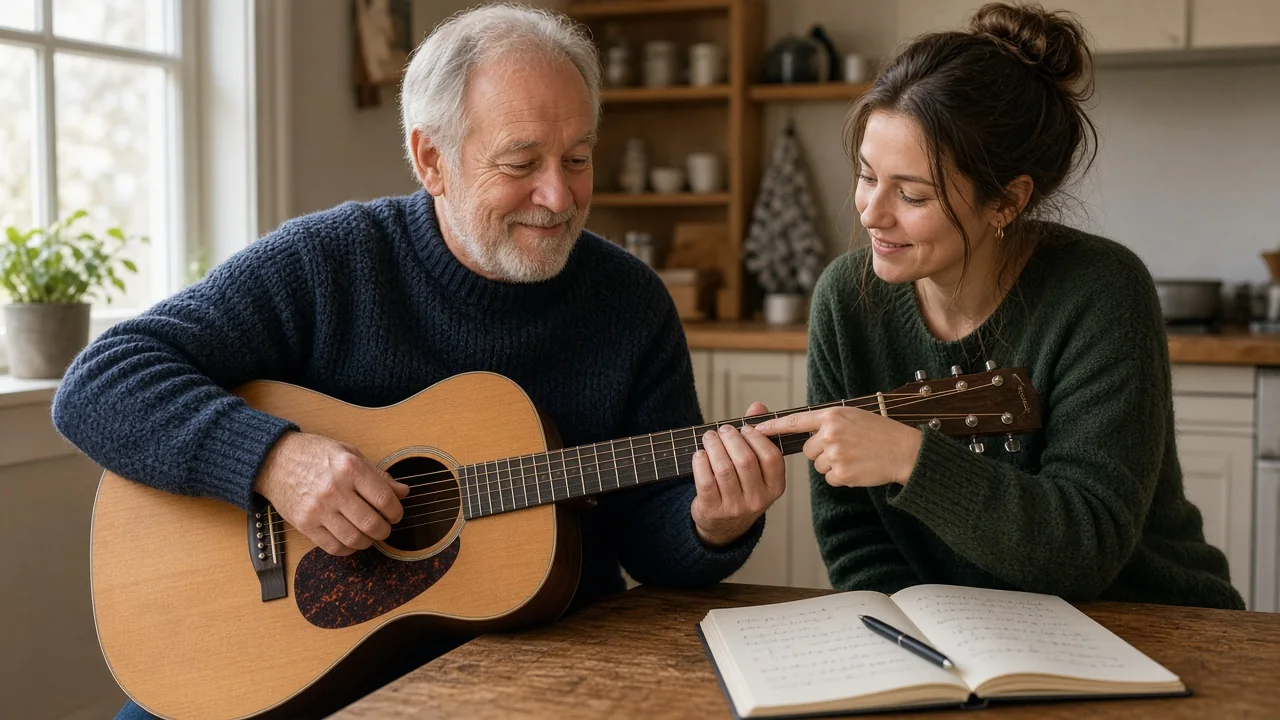 Eldre mann som lærer å spille gitar