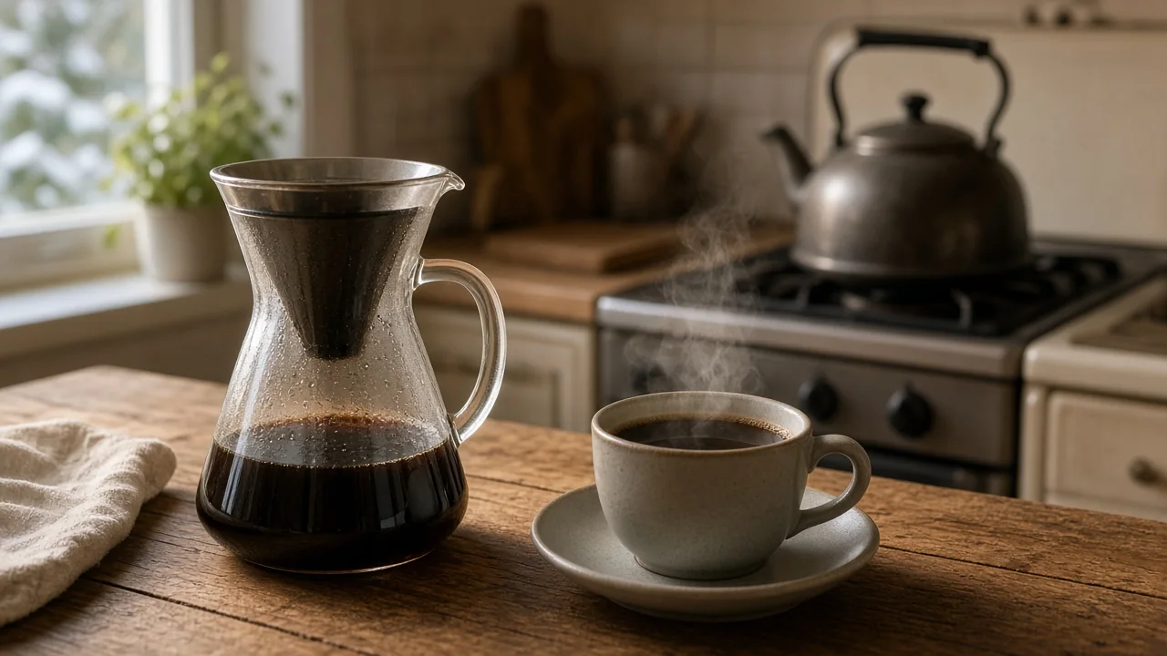 Filterkaffe i kanne og kopp på et kjøkkenbord