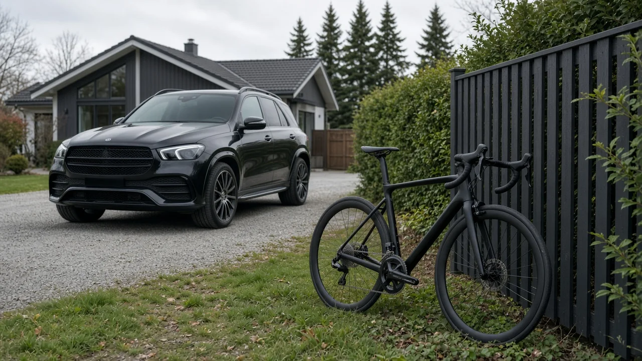 Stor SUV og sykkel ved huset