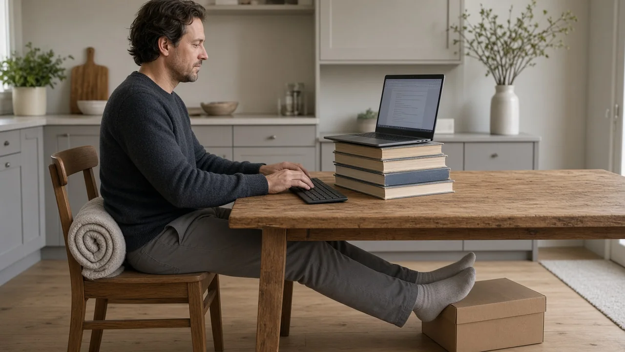 Laptop på bøker ved kjøkkenbordet, skoeske under føttene og håndkle i korsryggen