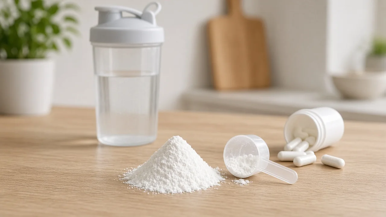 Kreatinpulver med måleskje, shaker og kapsler