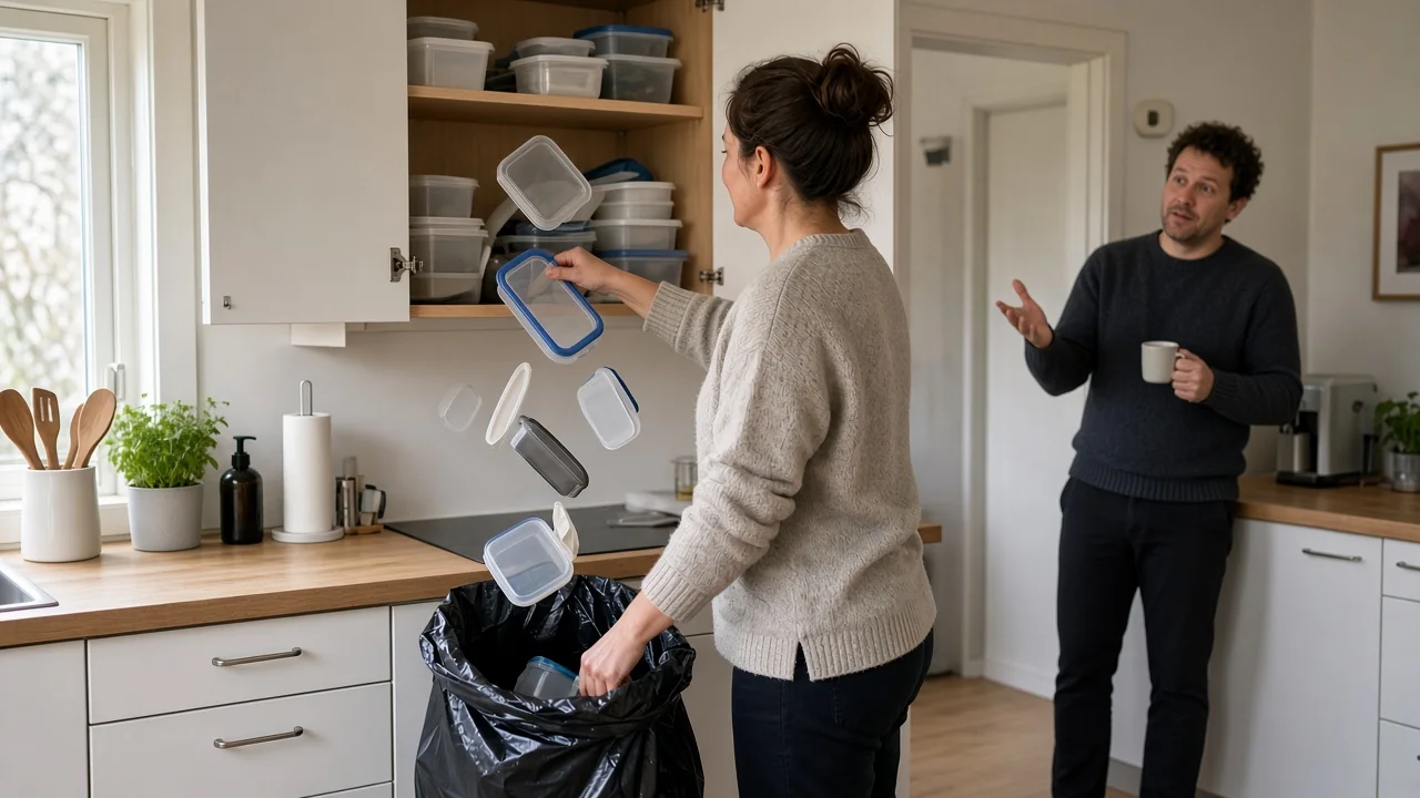 Kvinne kaster plastbokser, mannen ser overrasket på