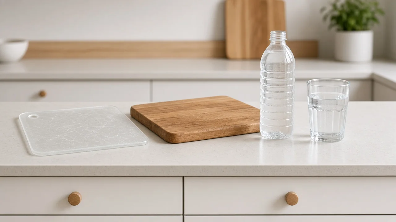 Skjærebrett av tre og plast, vannkoker og flaskevann