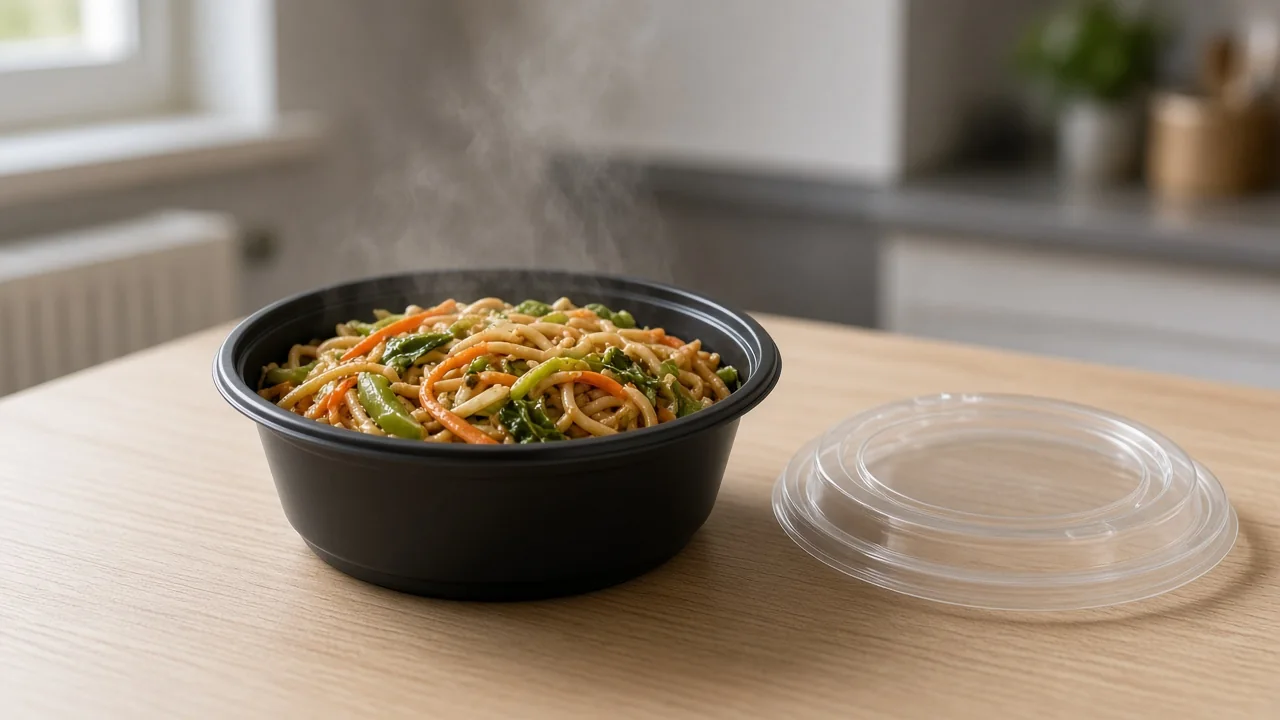 Svart engangsbolle med takeaway-mat