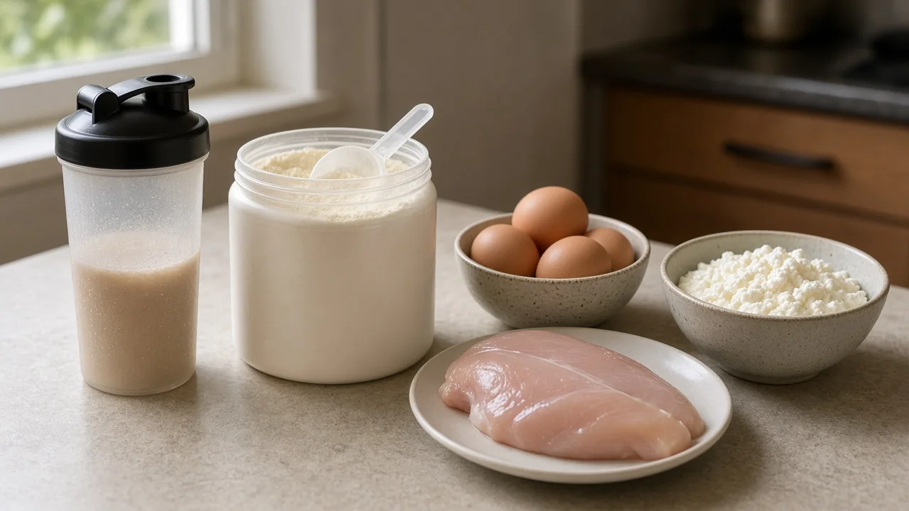 Shaker og proteinpulver ved siden av egg, kylling og cottage cheese