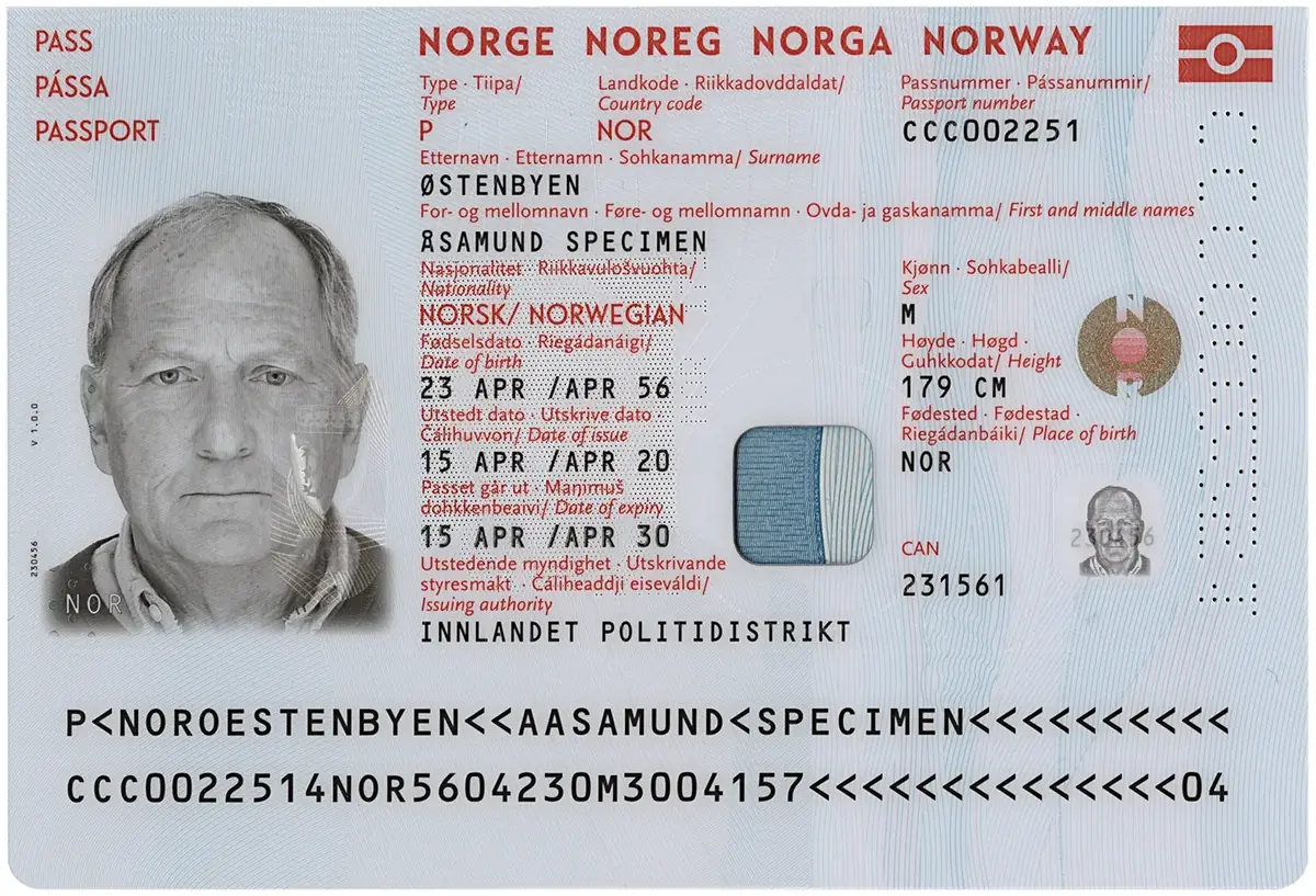 Personsiden i et norsk pass (prøveeksemplar)