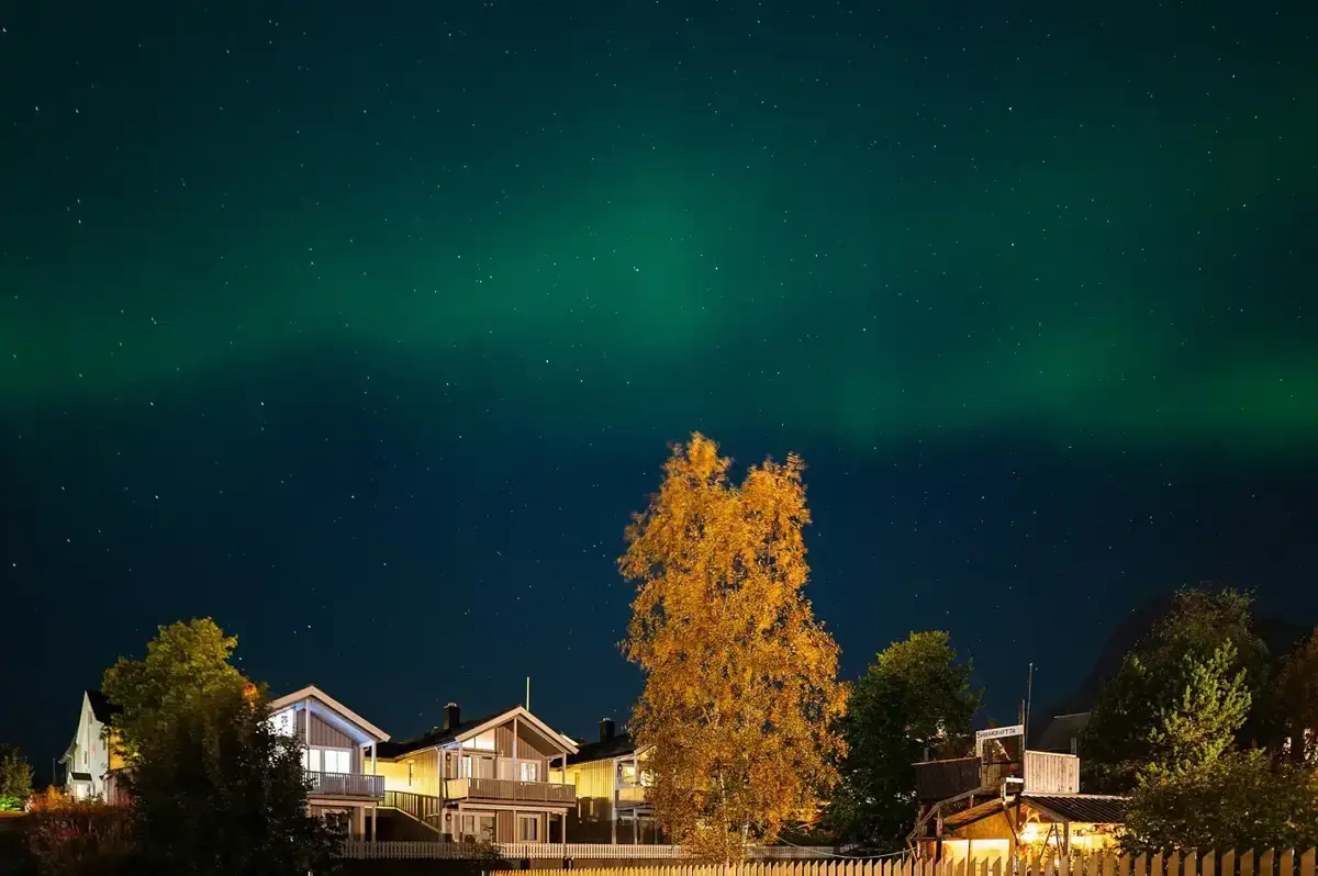 Nordlys over hus i Svolvær