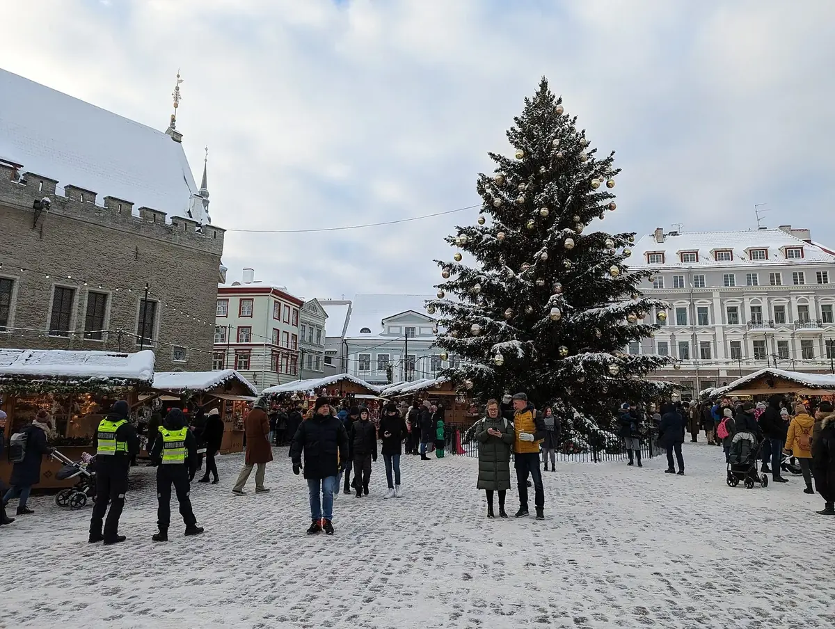 Juletreet og boder på Rådhusplassen i Tallinn i snø
