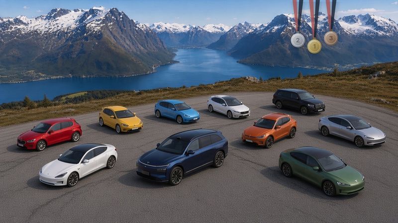Biler i ulike størrelser parkert foran fjord og snødekte fjell (AI-illustrasjon) – Den store bilvelgerguiden 2027